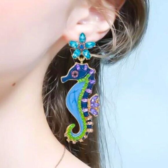 None Jewelry - Summer Bohemian Ocean Blue Crystal Rhinestone Seahorse Flower Drop Earrings
